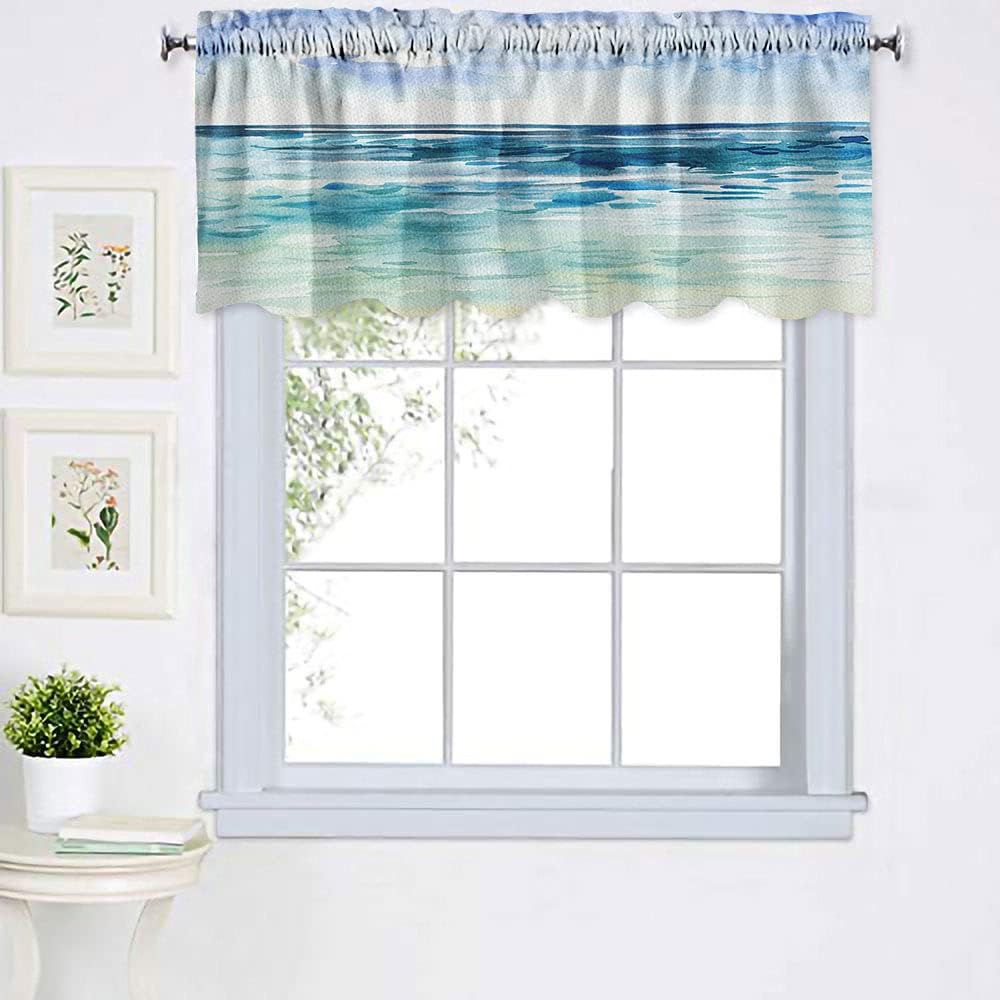 TOMWISH Blue Window Curtains Sea Background Hand Painting Watercolor Window Valances for Bedroom Kids Child Baby Nursery Room Kitchen,2 Panels,Blue,52X18 Inches