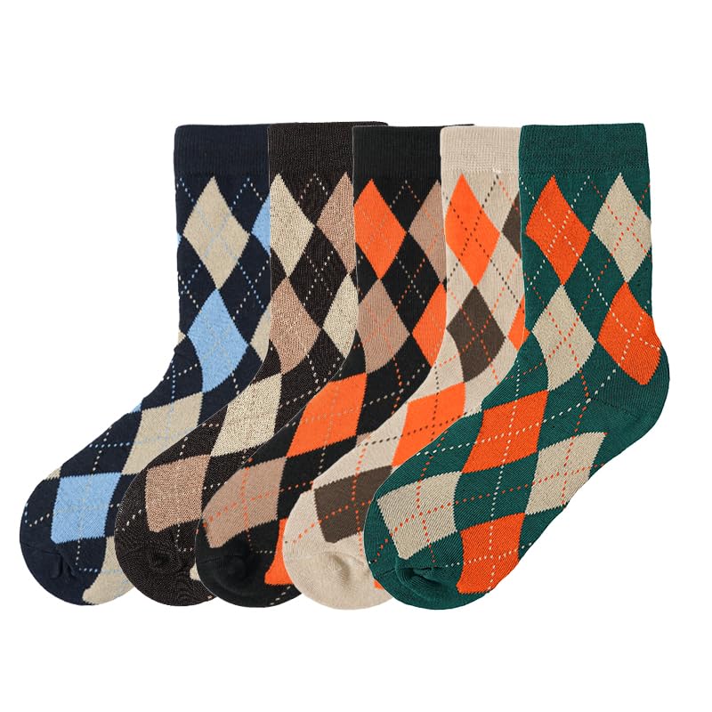Unisex Argyle Cotton Crew Socks, Multicolor Patterned, Pack of 5