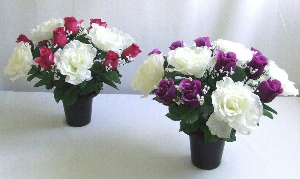 Artificial Flower Arrangement in Crem Pot/Vase 30CM (PAIR, ONE OF EACH POT) (Rose/Rosebud)