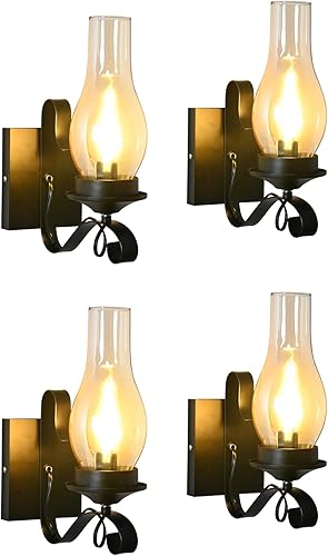 Miniatura 10 de Juego de dos apliques de pared rústicos, lámpara de pared de granja negra cableada en interiores, lámparas de pared retro con vidrio ámbar, apliques