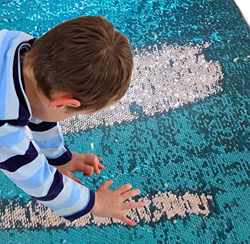 Sensory Wall Sequin Flip Fabric For Kids,0.2" Large Sequins Sensory Graffiti Fabric For Toddlers,Tactile Stimulation,Reversible Glitter Fabric (1 Yd, Lake Blue + Silver) #TOP1