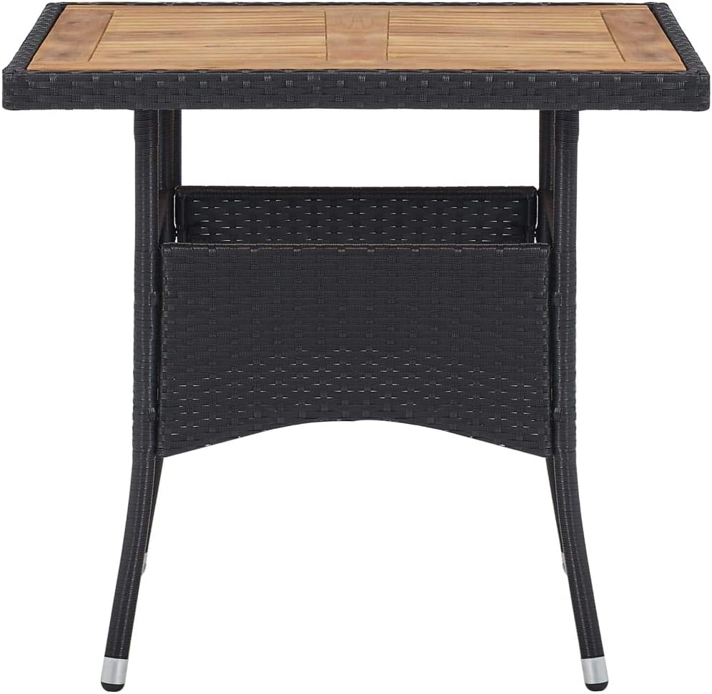 Elegant Rustic Patio Dining Table, Sturdy Patio Table With Steel Frame, Weather Resistant Coffee Table for Backyard or Living Room, Patio Dining Table Black Poly Rattan and Solid Acacia Wood