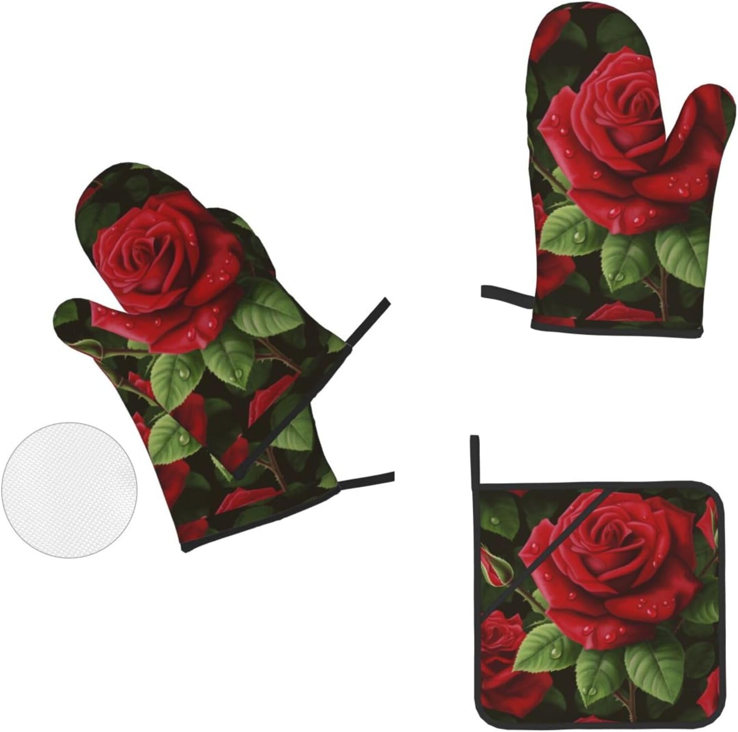 (Red Rose) Baking 4-Piece Set: 2 Oven Mitts and 2 Pot Holders Heat Resistant Waterproof Hanging Loop for Kitchen Oven Grill Housewarming Gifts
