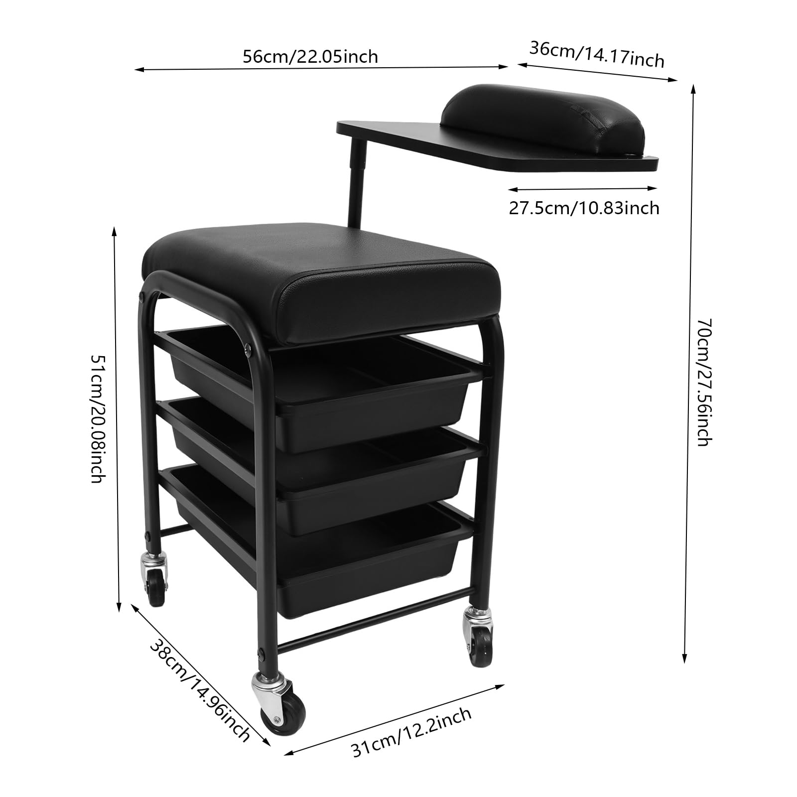 Carrello per salone di bellezza, con 3 cassetti e vassoio girevole a 360°, con ruote, per poggiapiedi, pedicure, manicure, fino a 75 kg