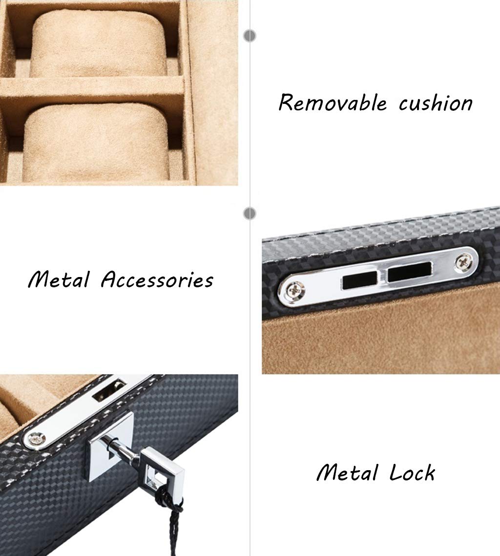 Caja de reloj de fibra de carbono, caja de reloj con 3 ranuras, caja de almacenamiento para exhibir joyas, bandeja para pulsera con 3 almohadas de almacenamiento extraíbles, con cerradura de Metal