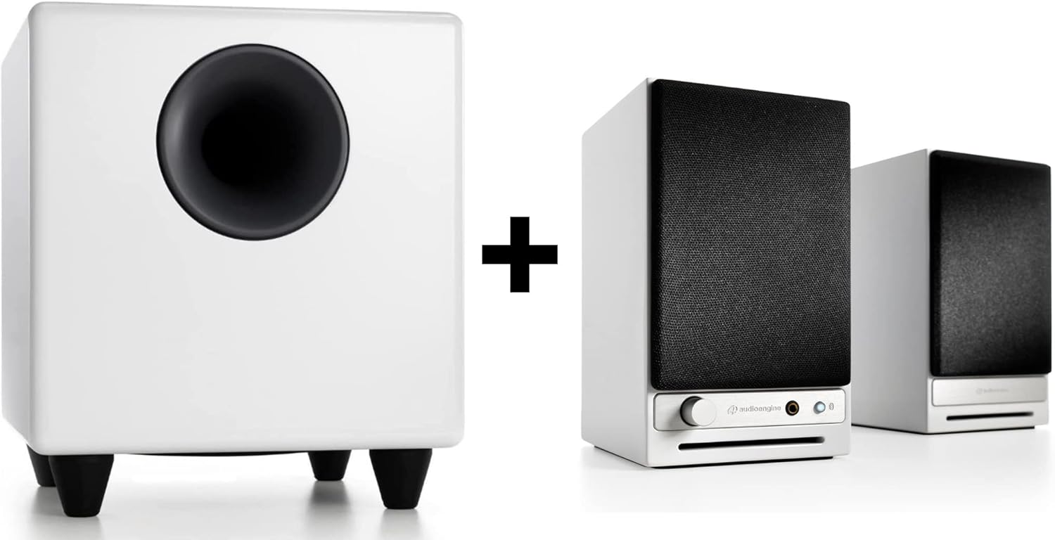 Audioengine A2 HD (HD3) White Powered Bluetooth Speakers and S8 White Subwoofer Bundle