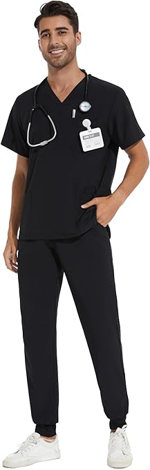 COZYFIT Men Scrubs Set - Stretch V-Neck Scrub Top & Jogger Pant with 8 Pockets, Yoga Waistband, Anti-Wrinkle Scrubs for Men