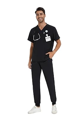 COZYFIT Men Scrubs Set - Stretch V-Neck Scrub Top & Jogger Pant with 8 Pockets, Yoga Waistband, Anti-Wrinkle Scrubs for Men