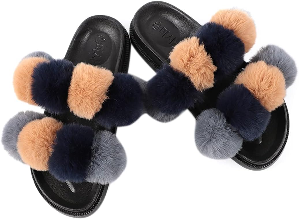 boxoonboxoon Women Furry Slippers Slides Fuzzy Sandals Flip Flop Creative Pom Pom Ball Soft Flat Wearproof Decorative Faux Fur Slippers Fluffy Sandals