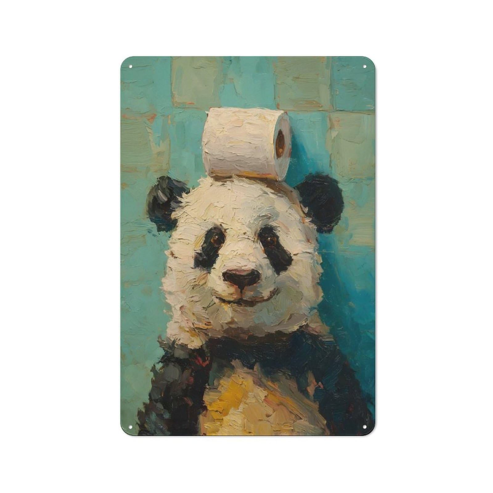 Junmoney Style-8 Panda With Toilet Paper Painting Tin Wall Sign 30X20cm, Country Style Bistro Wall Plaque For Coffee Bar, Kitchen, Bistro Or Tea Corner
