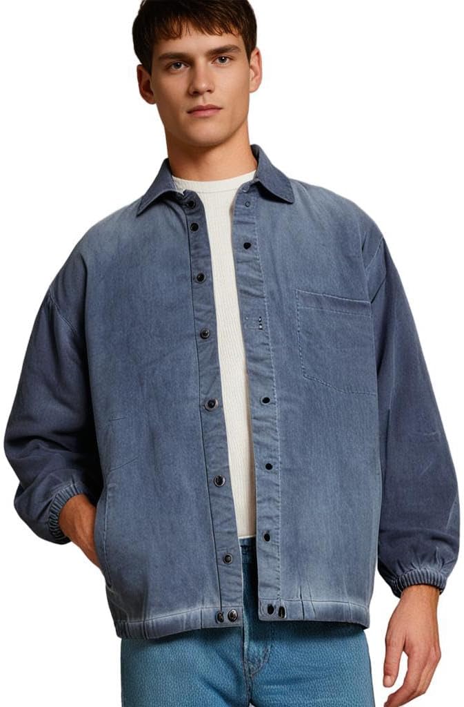 Oversized Harrington Jacket, Acid Blue Wash, Button Front (UK, Alpha, L, Regular, Regular, Acid Blue Wash)