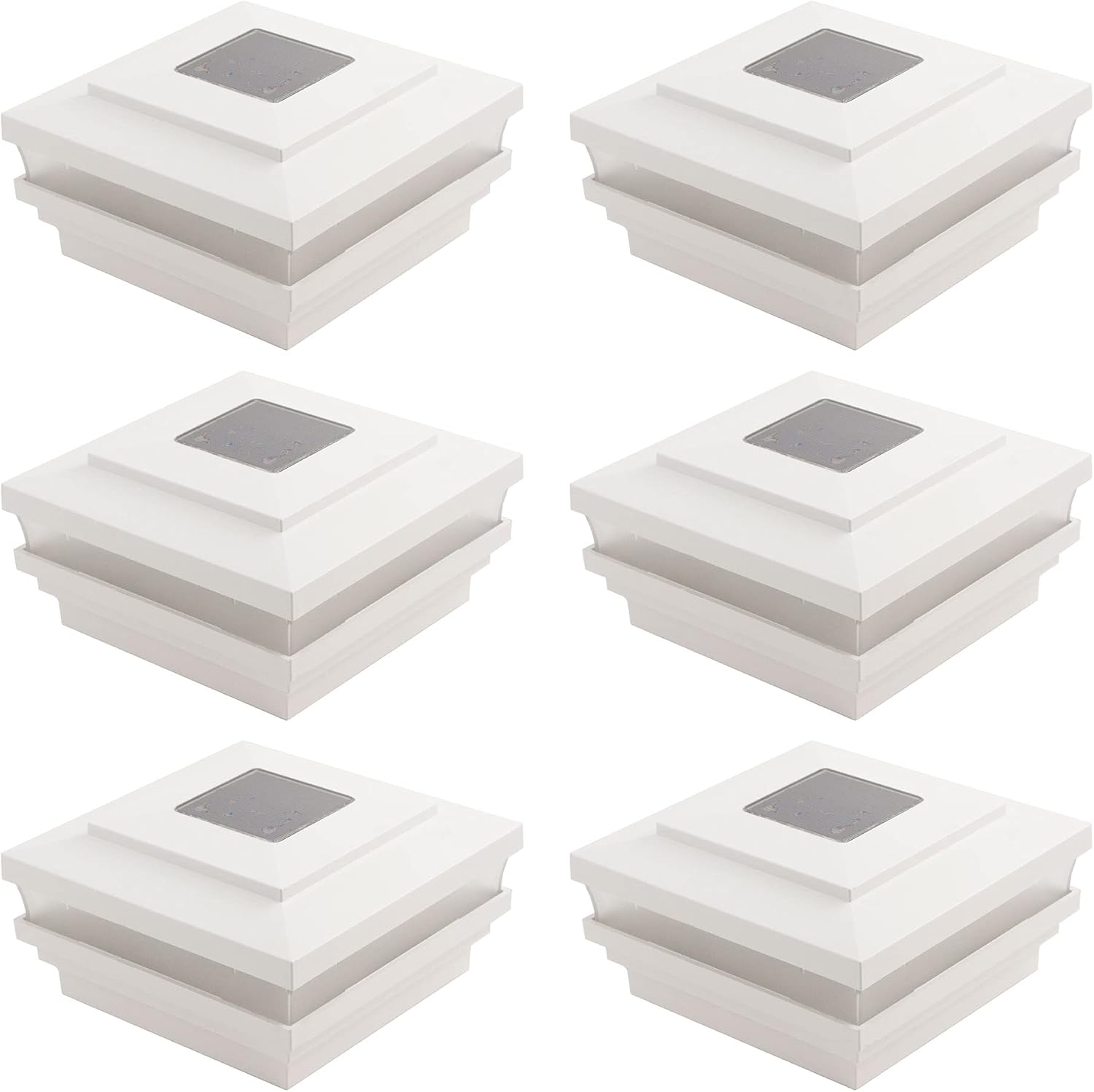 Plum Fittings 4.5" Sq. Cape May Solar LED Lighted Vinyl Post Caps Pack of 6 - White (Made in The USA)