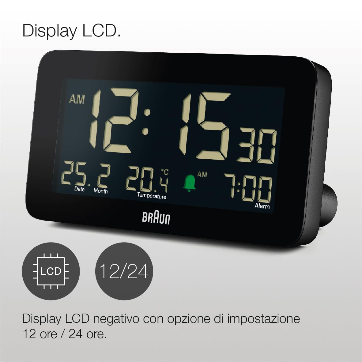 Braun Sveglia Digitale con Visualizzazione di Data, Mese e Temperatura, Display LCD Negativo, Impostazione Rapida, Sveglia Bip Crescendo in Nero, Modello BC10B (1 Confezione)