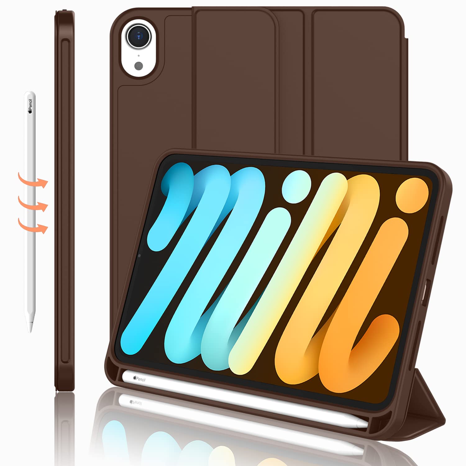 iPad Mini 7 Case 2024 (A17 Pro), iPad Mini 6 Case (8.3-Inch,2021 Model), iPad Mini 7th/6th Generation Case with Pencil Holder, Trifold Stand Smart Case with Soft TPU Back,Chocolate