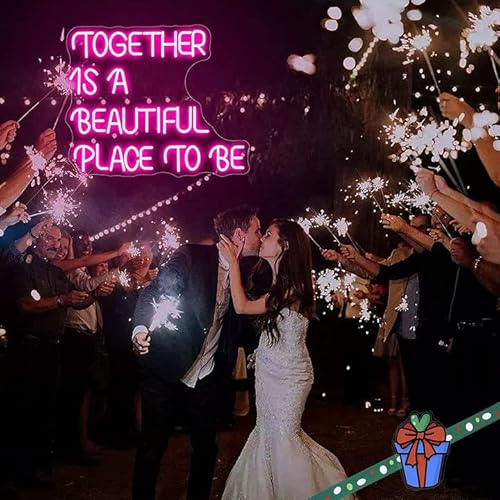 Neon Signs for Wall Decor, Together Is A Beautiful Place To Be Neon Sign Wedding Decoration Birthday Valentines Day Gift Party Engagement Personalized Neon Lights Signs for Bedroom (23.6×19 IN,Pink)