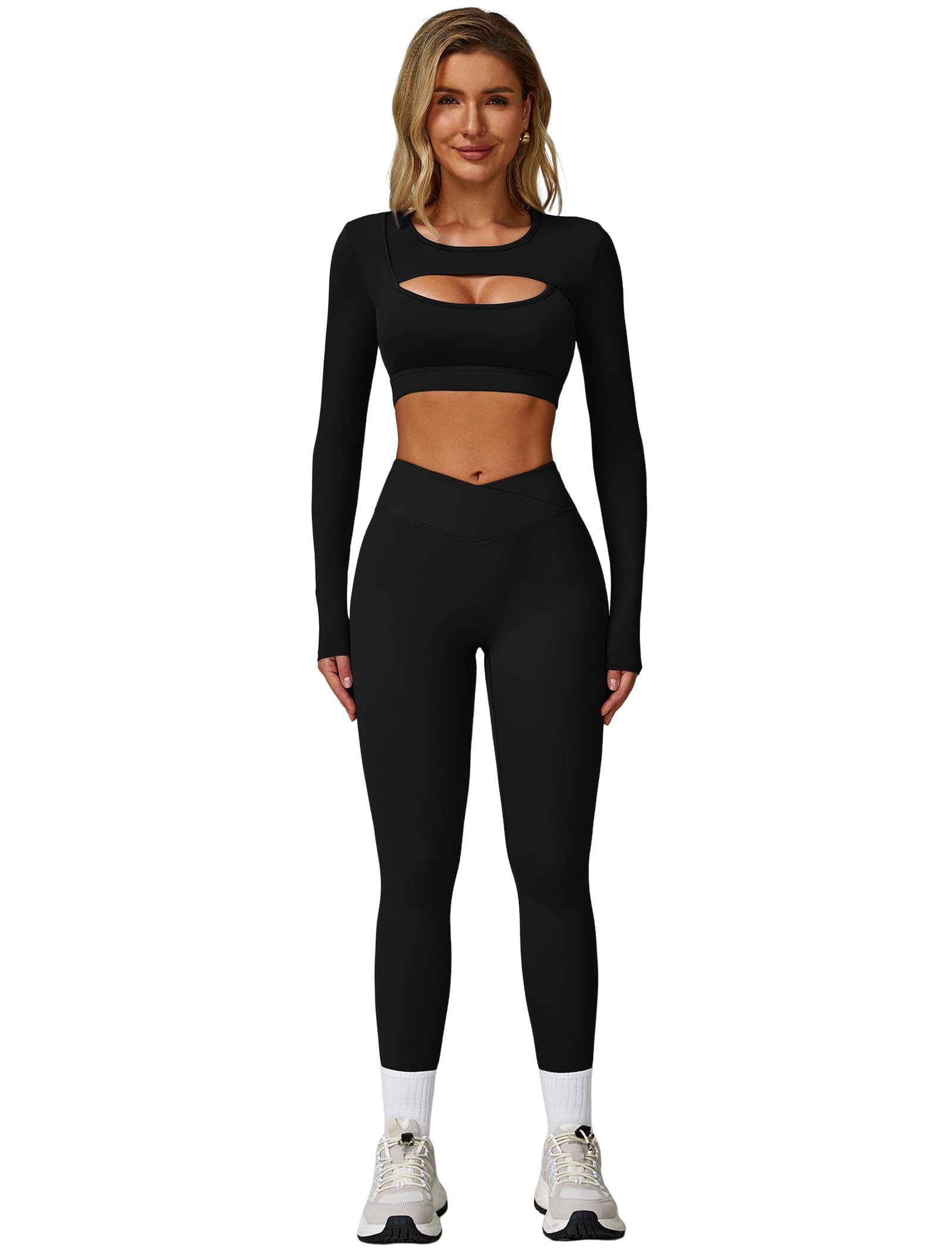 Workout Sets for Women 2 Piece Long Sleeve Cutout Crop Top and High Waisted Leggings Gym Athletic Jogger Sets: Black X-Large
