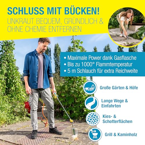 GLORIA Thermoflamm bio Professional PLUS – Gas Unkrautbrenner & Abflammgerät mit 5 m Schlauch | Unkrautvernichter ohne Chemie | Für Garten, Gehweg & Pflaster | Komfortabel ohne Bücken | 1000 °C Flamme