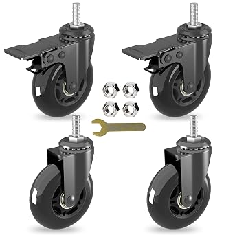 3" Swivel Stem Caster wheels Set of 4 2 Castors with Brake,2 no with Heavy Duty Threaded Stem 5/16"-18 ,360 Degree Range,Safety Dual Locking Industrial PU wheel,Load Capacity 150lbs Per Caster