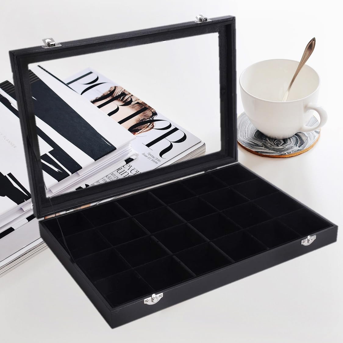 Velvet Jewelry Organizer Box with Clear Lid, 24-Grid Display Tray for Rings, Earrings, and Necklaces, Lockable & Compact Storage, Gift-Ready Case for Women and Girls