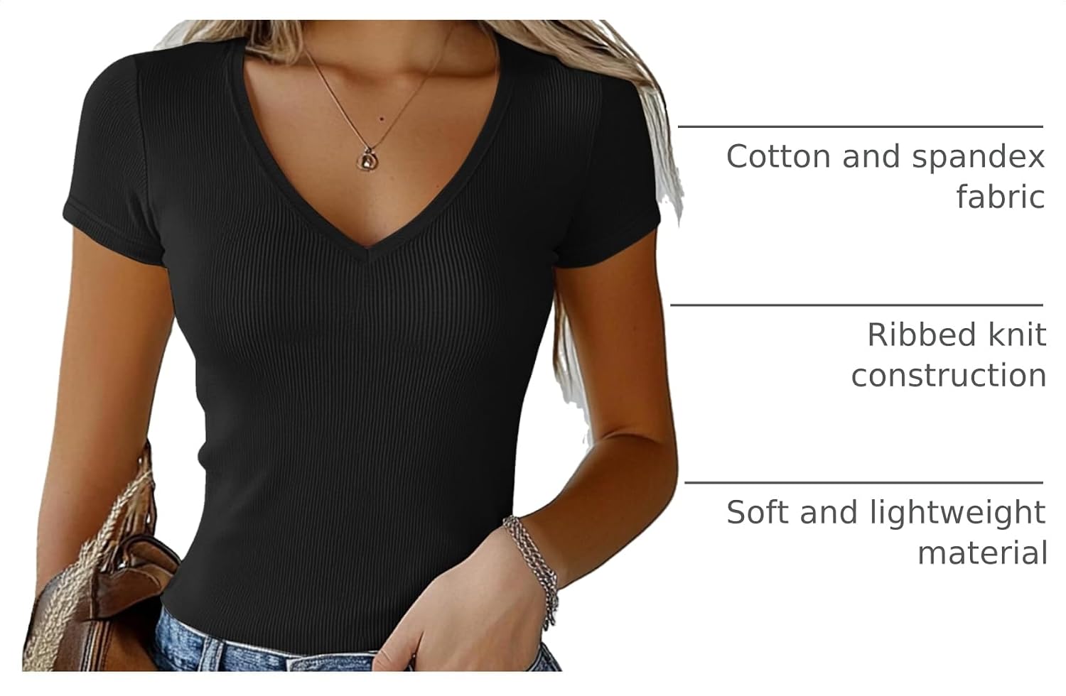 Ficerd 3 Pack Women V Neck T Shirts Ribbed Cotton Tops image 4