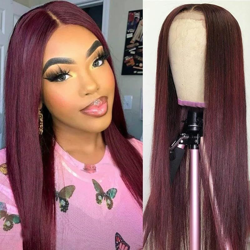 PEKNUX Wig For Women European And American Long Straight Hair Burgundy