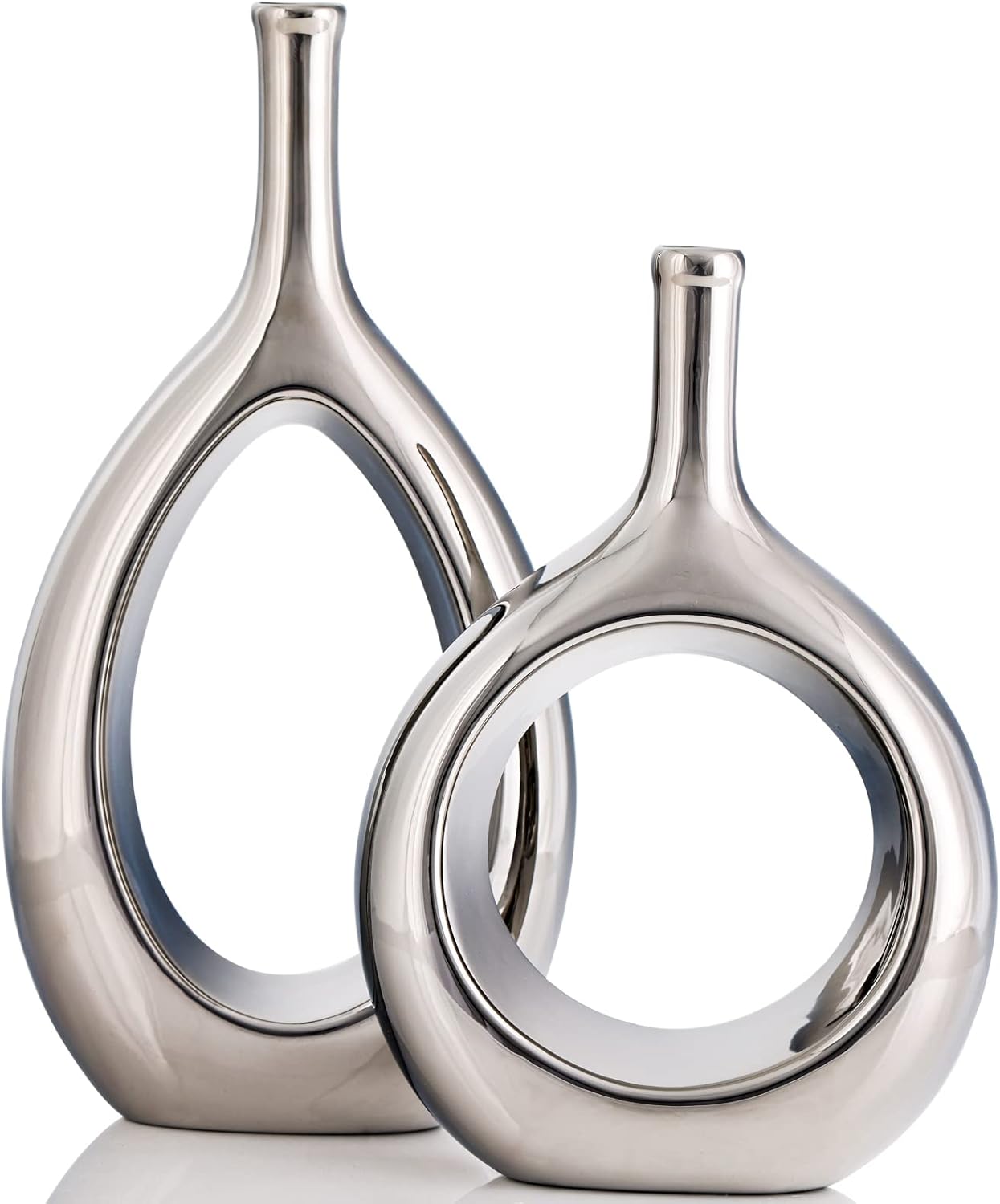 Silver Vase,Glossy Ceramic Vase Set of 2,Silver Vases for
