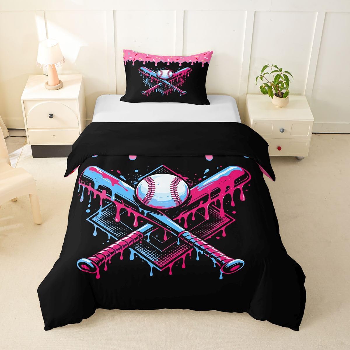 jejeloiu Baseball Duvet Cover Toddler Size Girls Ice Cream Drip Comforter Cover for Boys Girls Baseball Gaming Bedding Set 2Pcs Coquette Aesthetic Room Decor