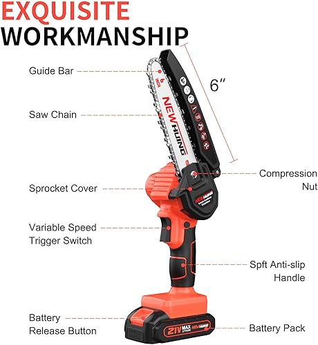 Miniatura 2 de Mini motosierra eléctrica inalámbrica de 6 pulgadas, motosierra portátil de mano con 2 baterías, sierras de cadena de alimentación recargables de 21