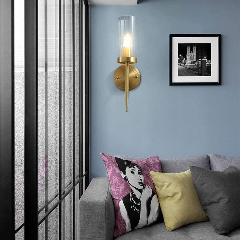 Kinkiety ścienne z miedzianym uchwytem, pojedyncza lampa z cylindrycznym szklanym kloszem, wykończenie mosiężne, 40 cm, stosowane na korytarzach, schodach, w salonach, do czytania