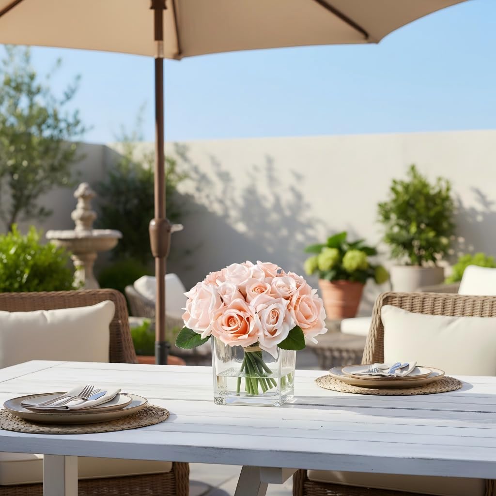 18 Heads Rose Faux Flowers in Vase, Aritificail Rose Floral Arrangement with Vase for Dining Table, Bedroom, Wedding Decor (Champagne) - Image 5