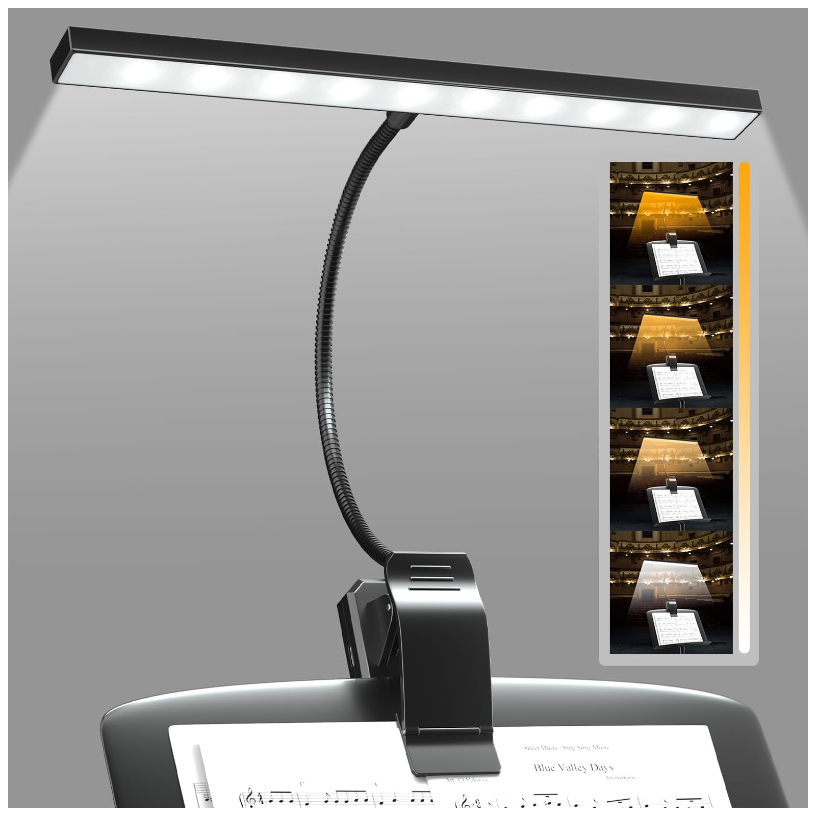 Brightark Schwarz Music Stand Light,30 Led Eye Caring Clip On Light For Music Stands,Usb Rechargeable Piano Light Reading Light,4 Color & 3 Brightness,Ideal Music Gifts,Perfect For Piano,Reading,Orchestra