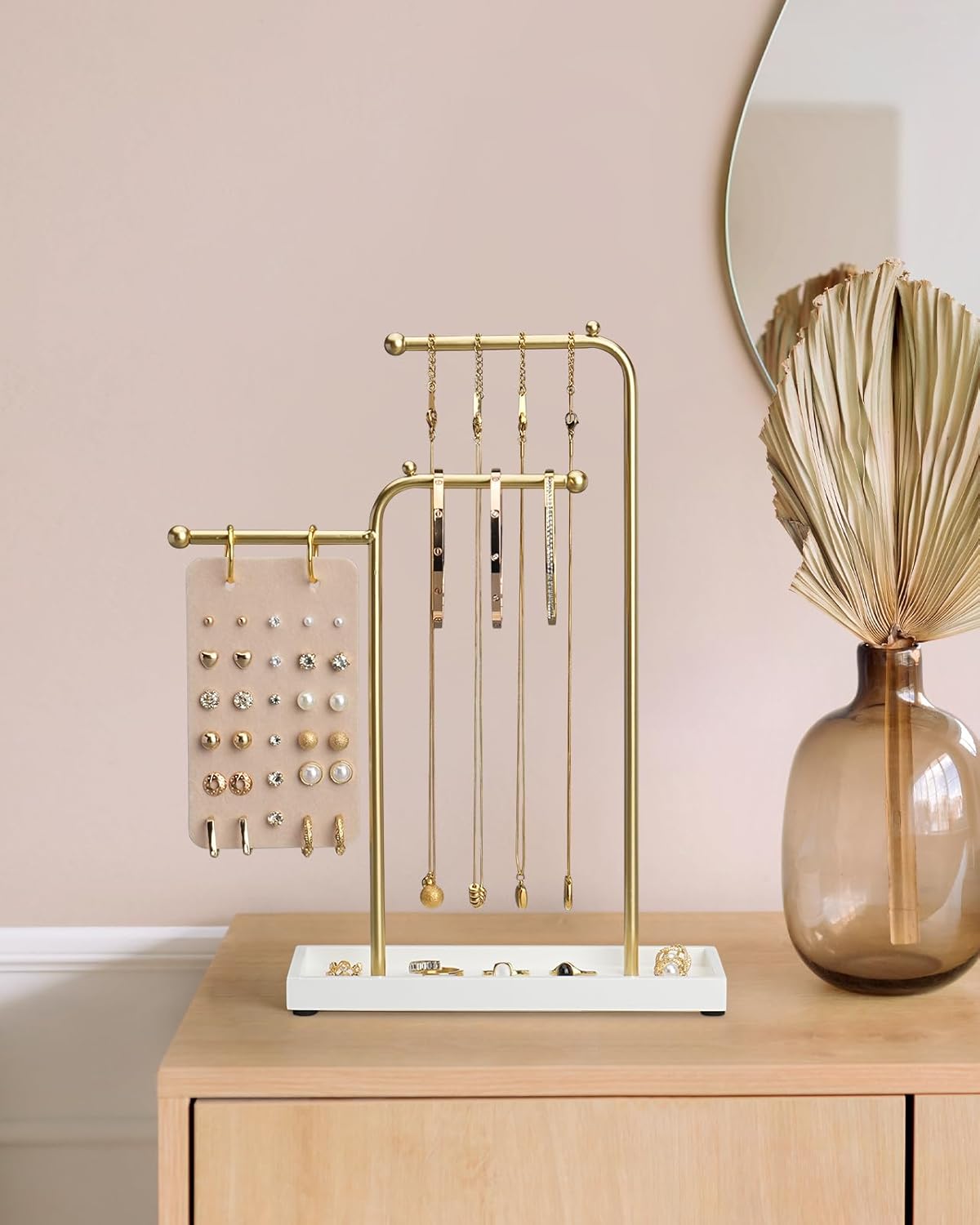 Jewelry Stand Organizer with Metal Frame and Velvet Tray, Jewelry Holder for Women, White Necklace Organizer - Image 6