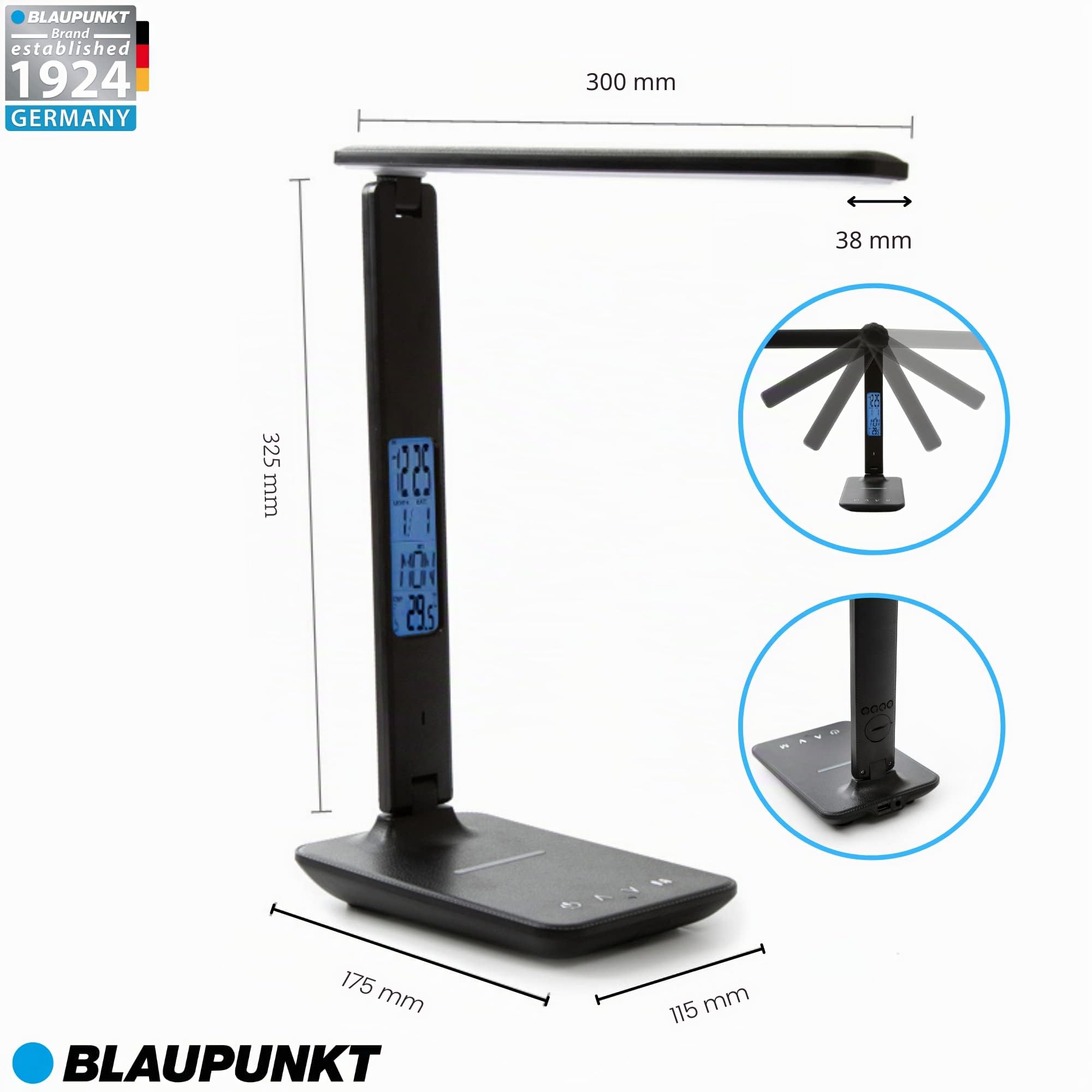 Blaupunkt Lámpara LED de Sobremesa con Cargador Inalámbrico - Puerto de Carga USB - Lámpara de Mesa Regulable con 5 Modos de Color - Brazo Ajustable - Oficina - Luz de Lectura - Pantalla LCD - Negro