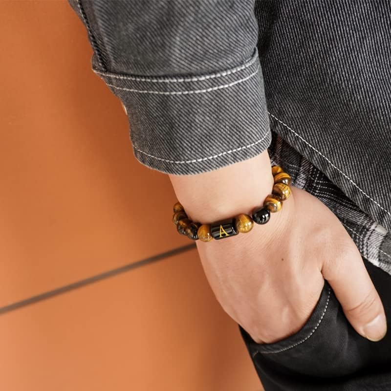 Miniatura 6 de GIOLOYS Pulsera de cuentas con inicial, pulsera de piedras preciosas curativas con ojo de tigre natural y ónix negro, pulseras ajustables para