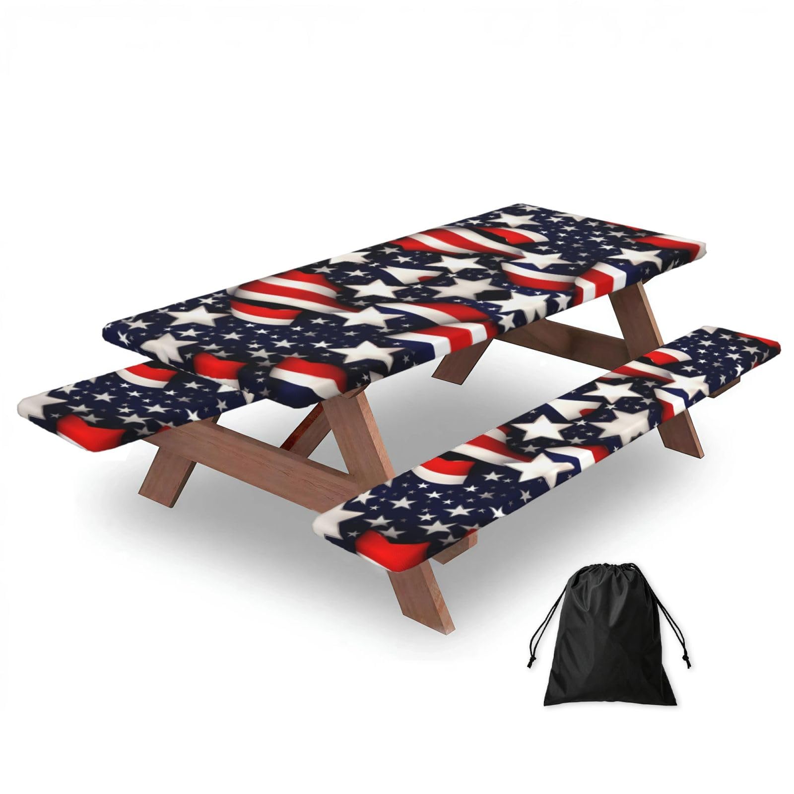 Zyjhyy Black American Flag Stars Stripes Print Party Table Covers With Bench Covers Set Of 3 Picnic Table Cloth Wipe Clean For Garden Camping