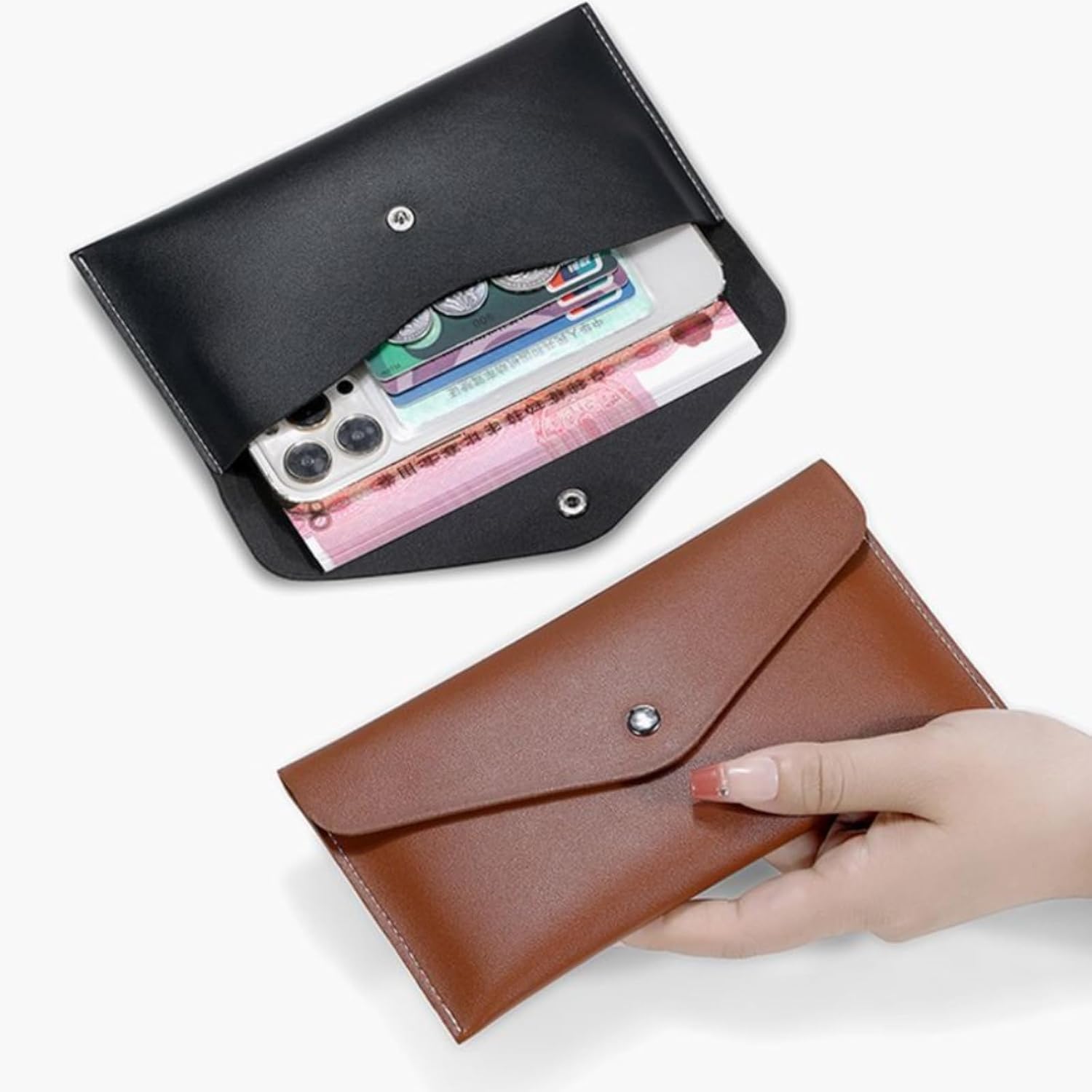 2 PCS Leather Cash Envelope Wallet, Reusable Budget Money Envelope Purse with Snap Closure, Waterproof Pouch Budget Organizers for Cash, Receipt, Card image 3