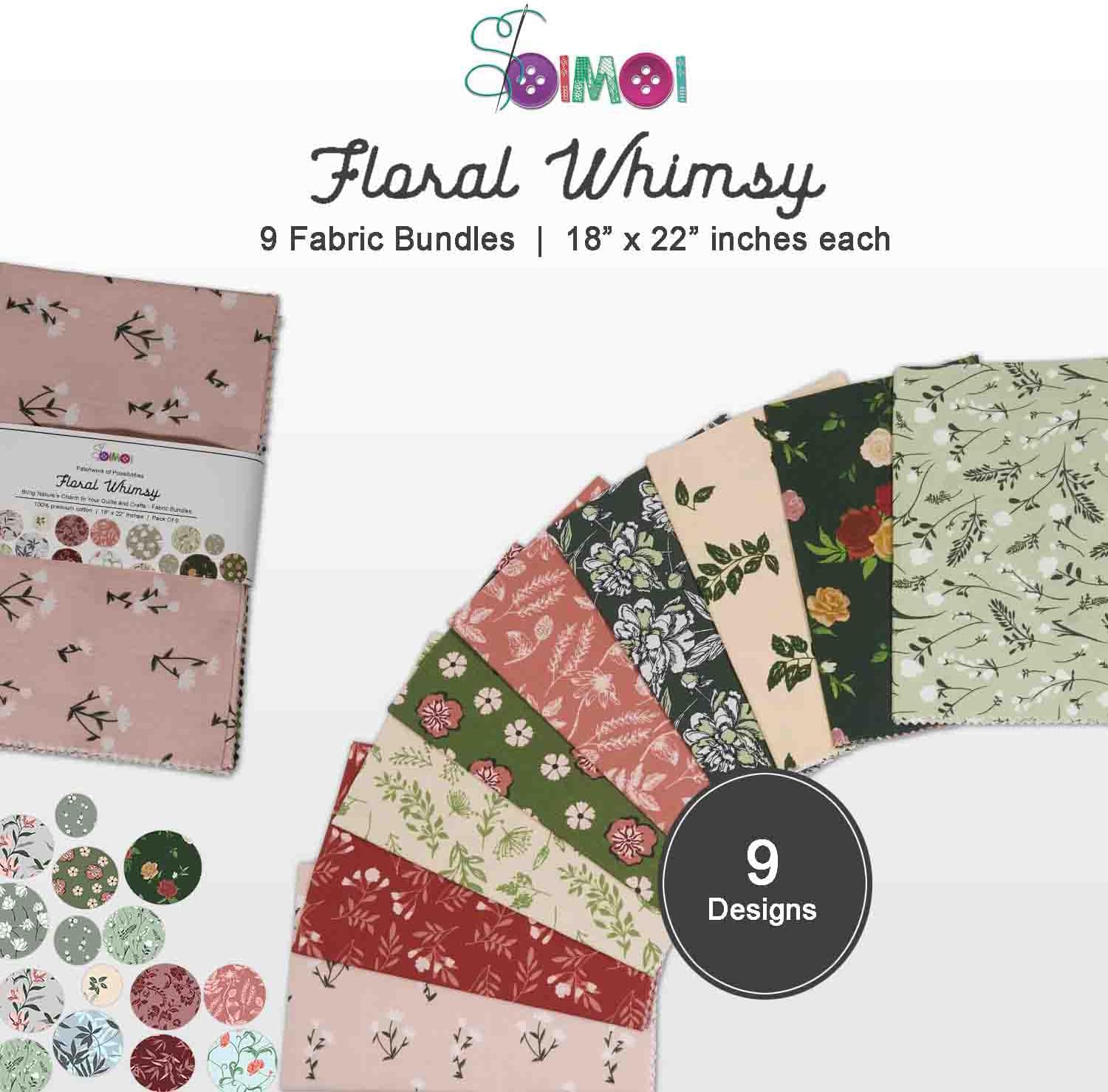 9Pcs Fat Quarter Bundle 100% Cotton DIY Making Supplies Quilting, Fabric for Quilting Patchwork Sewing Project Fabric for Patchwork 18" x 22" - Floral Whimsy
