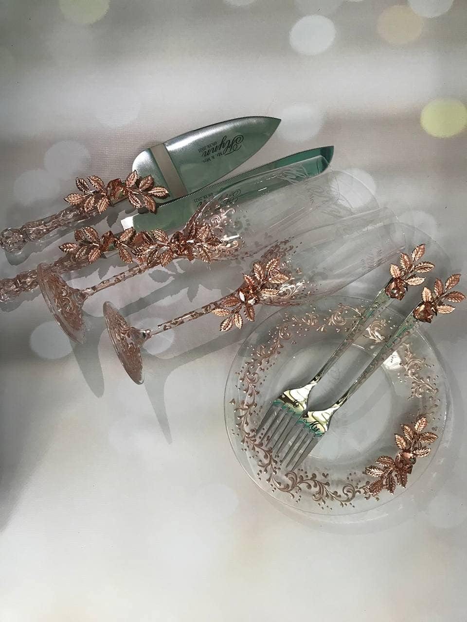 Filigree Wedding Decor Rose Gold/Wedding Flutes and Cake Server Sets/Wedding Cake Plate and Fork Set - 7 pcs