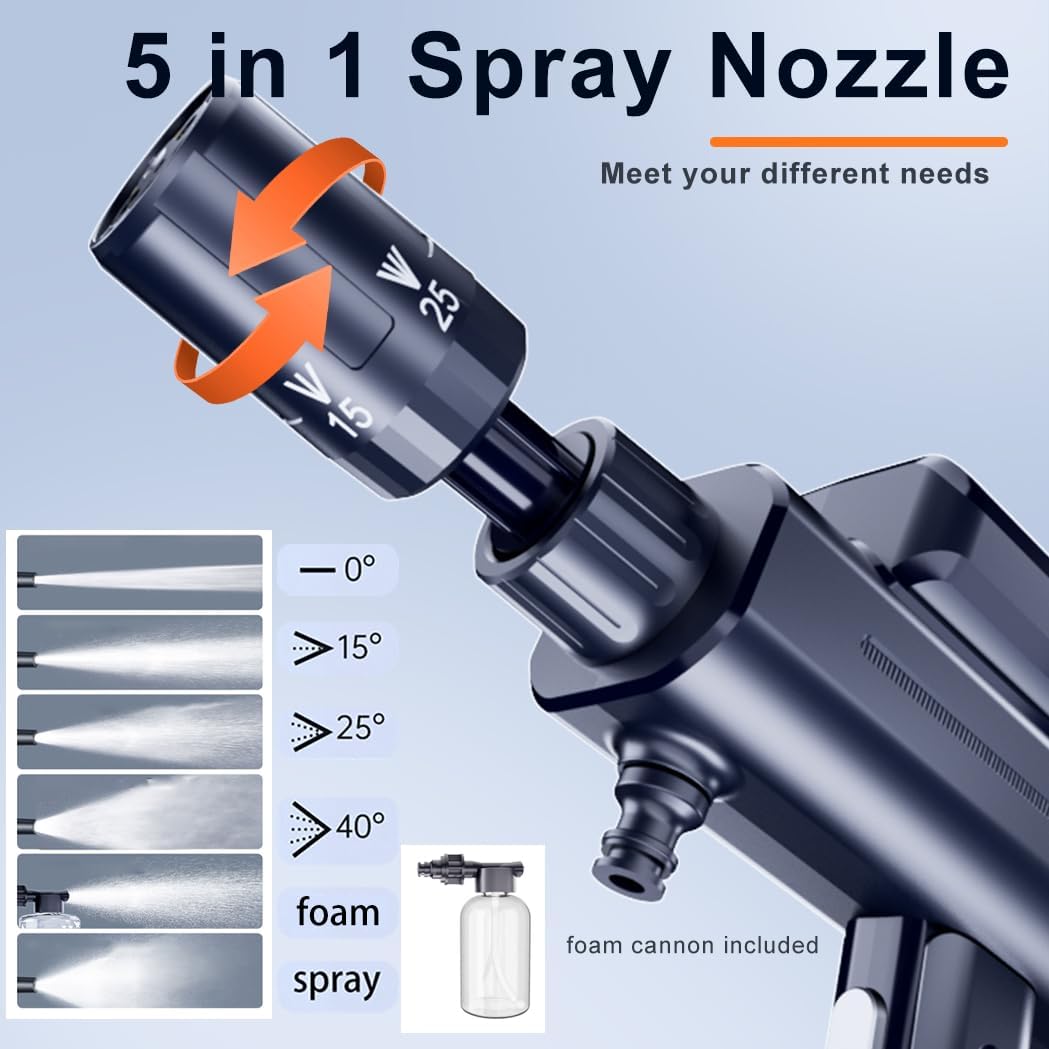 Portable Cordless Pressure Washer, Lithium Battery Powered Handheld Water Sprayer, Max 217 PSI, 5-in-1 Nozzle & Foam Pot, Type-C Charging Foldable Pressure Washer Gun for Car, Bikes, Patios