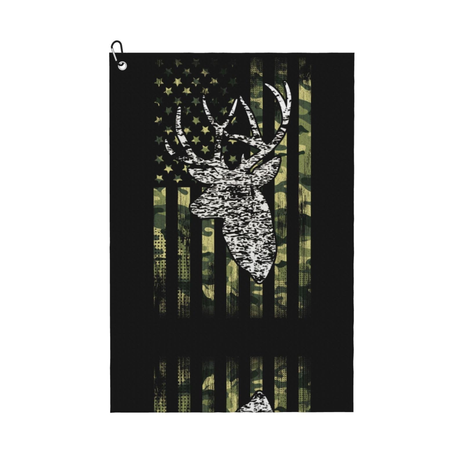 peiyeety Deer Camo Camouflage American Flag Hunting Black Art Microfiber Golf Towel with Carabiner Clip, 16x24 Inch Absorbent Waffle Weave Towel for Golf Bags