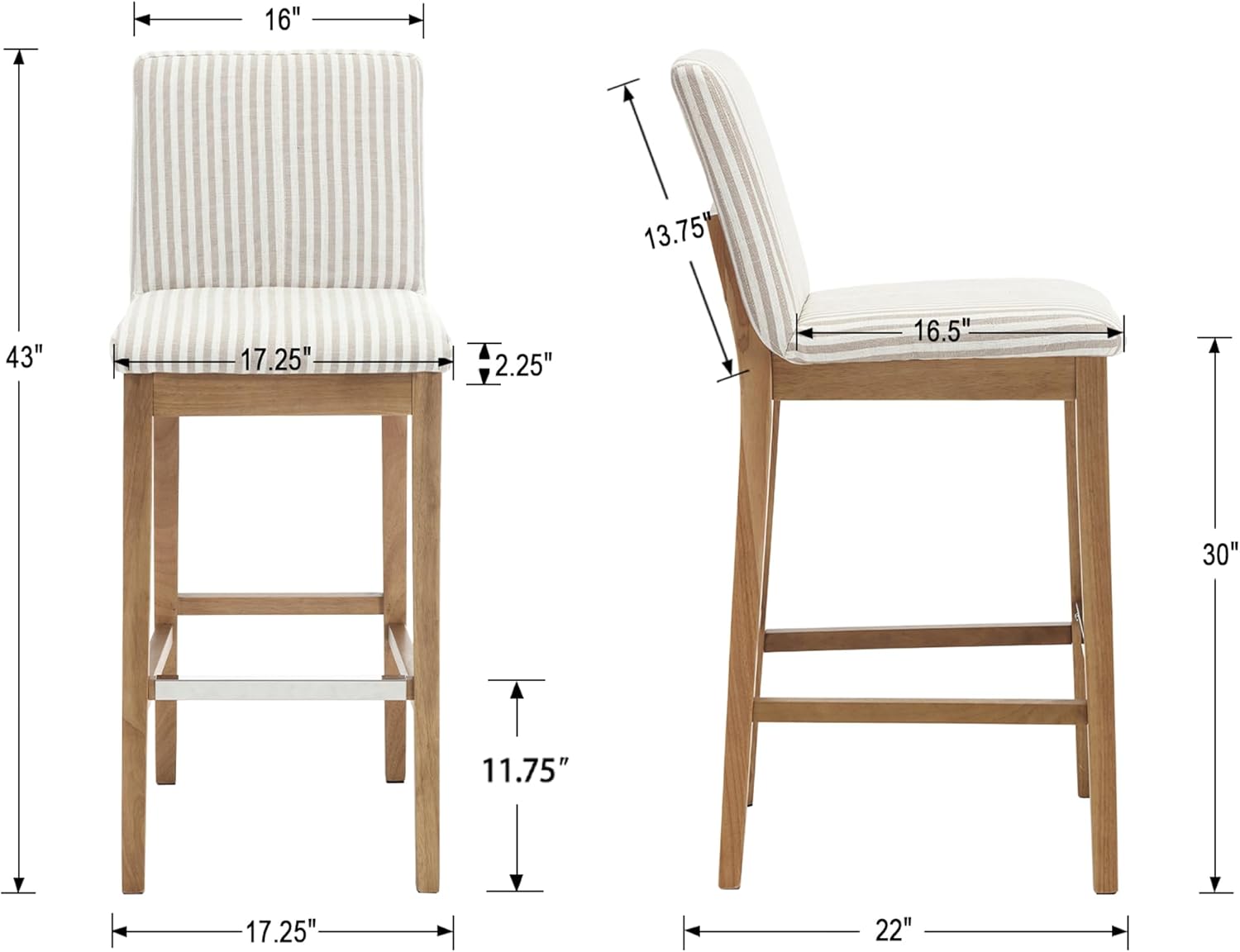 Bar Stools for Kitchen Island Set of 4, Linen Fabric Upholstered Wood Barstools with Back, 30 Inch Mid Century Stool Chairs for Home Bar/Patio/Cafe/Restaurant, Khaki Stripe