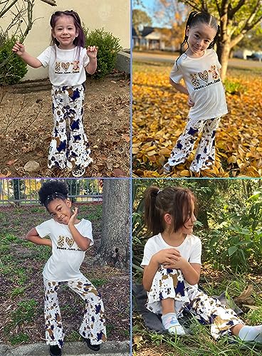 Image of Toddler Girl Cow Bell Outfits - Print T-shirt Flare Pants Bottom Short Sleeve Peace Love Letter Top Tie Dye Clothes