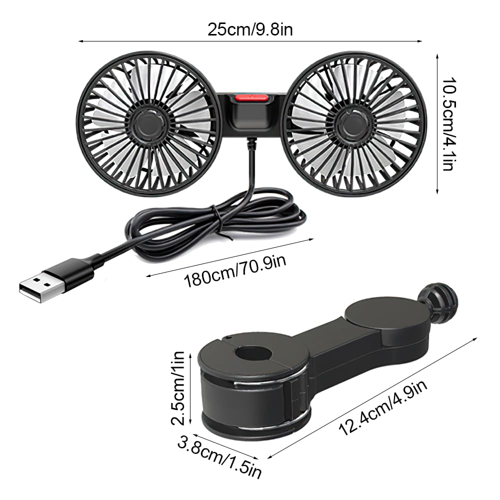 Ventilador del Asiento Trasero Con Doble Cabeza, 5V, 360° Giratorio 3 Velocidades, Clip para Vehículos Como Sedán, SUV, RV