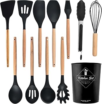 SKYTONE Silicone Kitchen Spatula and Utensils Spoon Set 12-Piece Silicone Kitchen Cooking Utensils Set, Non-Stick Utensils Set Heat Resistant Easy Clean, BPA Free (Black-2)