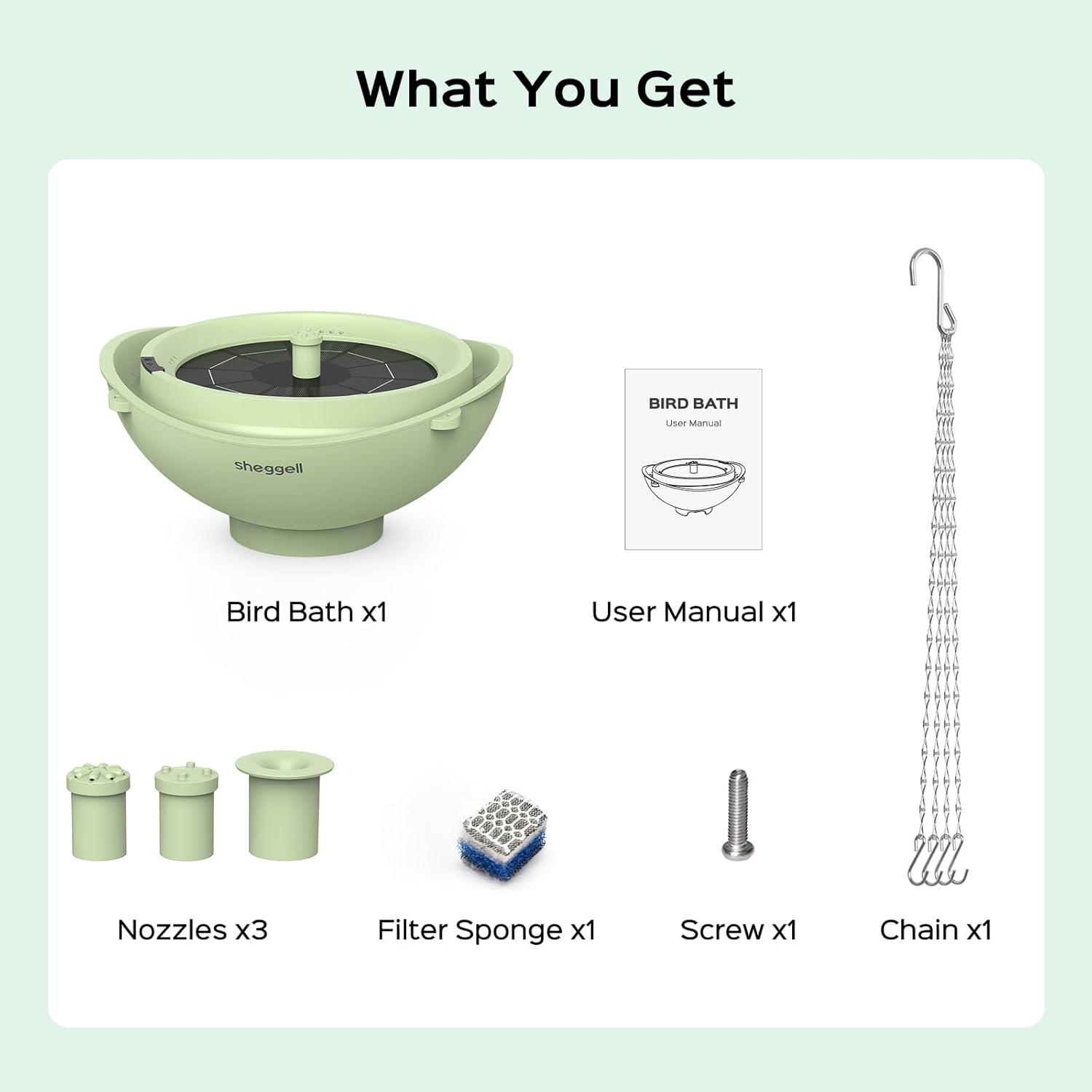 Sheggell Smart Bird Bath, 2L Large Capacity with Water Circulating Filtration, Solar Bird Bath with 3 Fountain Modes, Hanging & Freestanding Design, IPX6 Waterproof, Birdbath for Yard（Light Green）