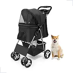 Carrinho de Transporte Pet Preto Dobrável Passeio Animal de Estimação Cães e Gatos