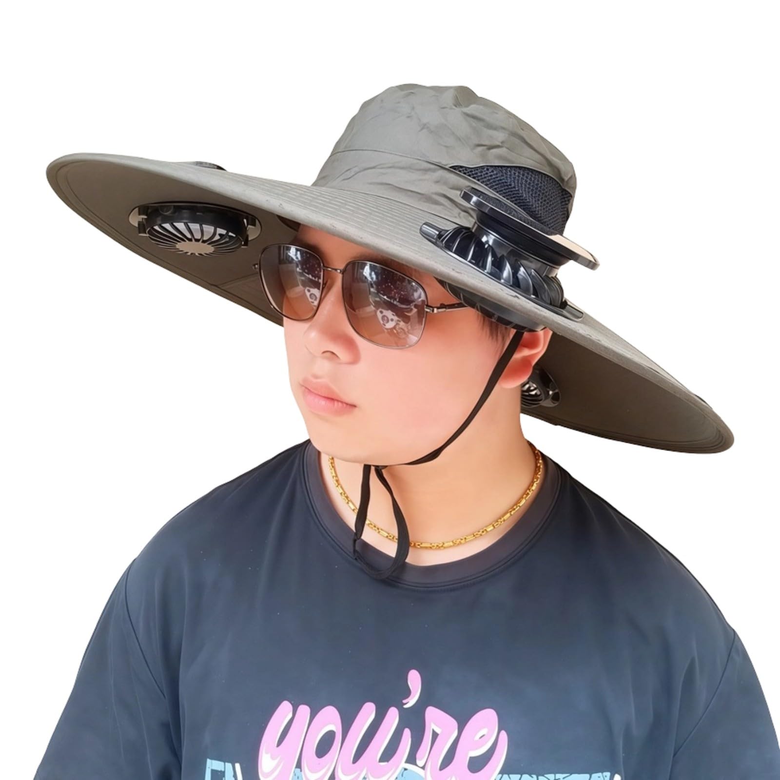 Cooling Sun Hat with Wide Brim Shade and Chin Cord, Wearable Solar Fan Hat for Hiking Fishing and Travel Solar Fan Wide Brim Cooling Sunhat Outdoor Shade Cap Wearable Camping Fishing Hiking Gardening