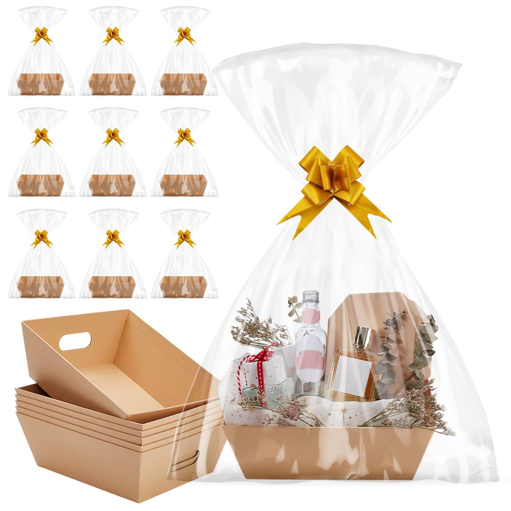 AHANDMAKER Confezione da 10 cestini vuoti per regali, cestini di carta con sacchetti regalo con nastro per Natale, matrimoni, bomboniere, decorazioni per le vacanze, 25,4 x 20,3 x 7,6 cm