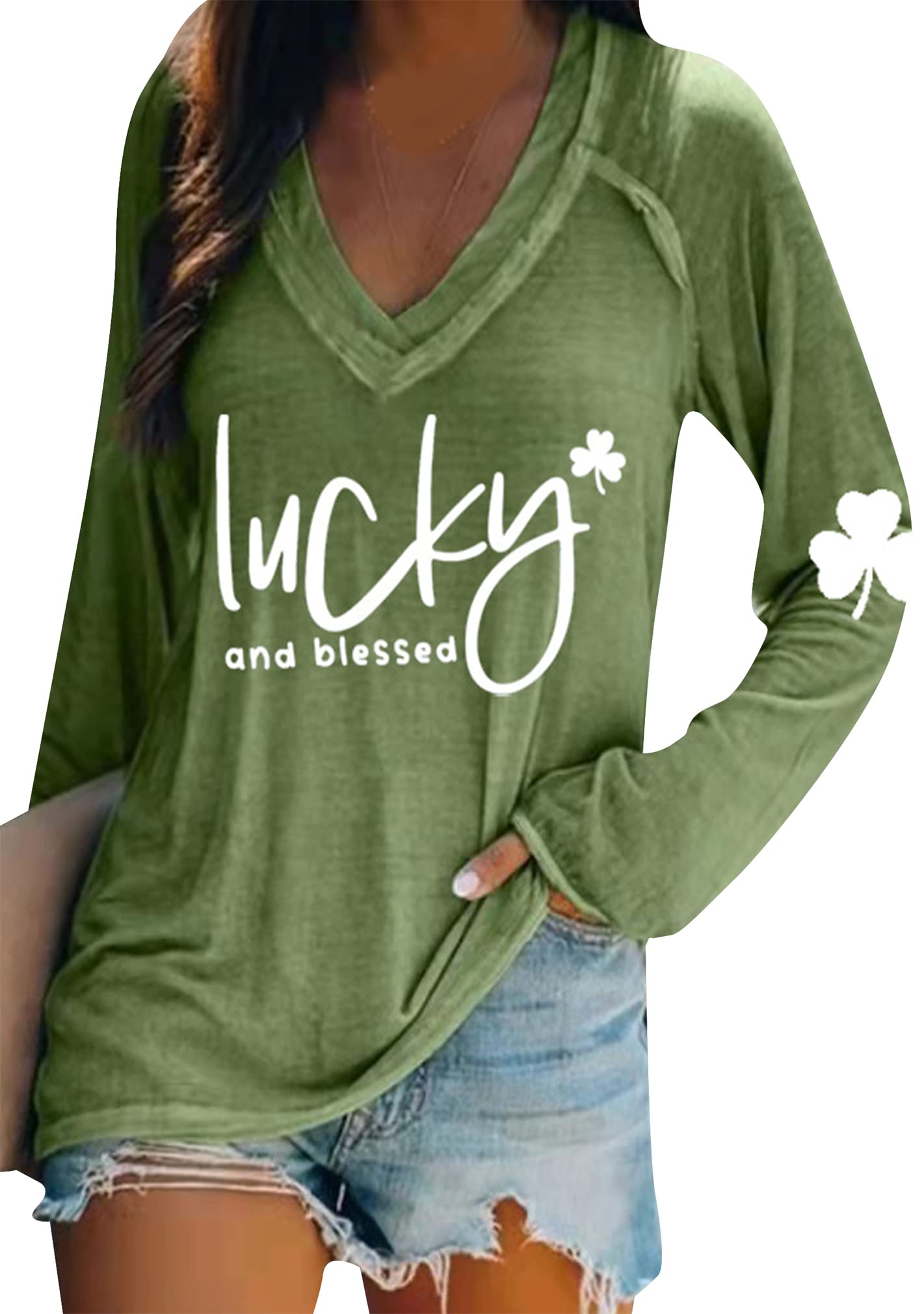BOFETA Women St Patricks Day Sweatshirts Loose Long Sleeve Shirts Green Shamrock Print Blouse Flowy Color Block Pullover Tops
