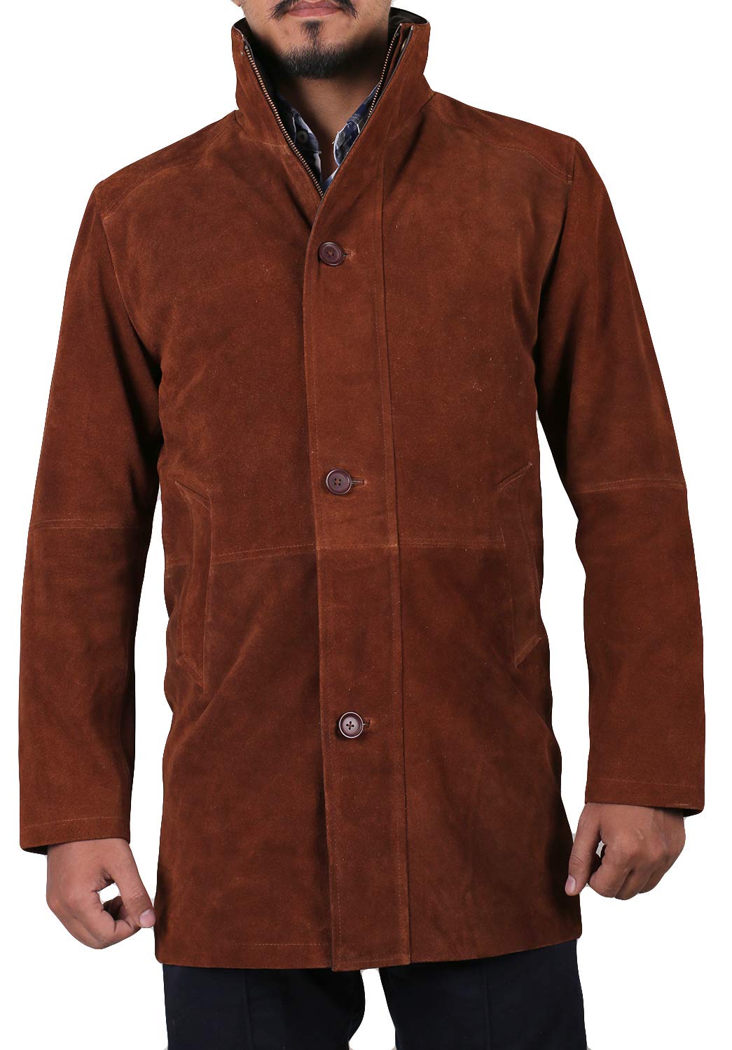 LaverapelleMen's Genuine Cow Suede Leather Coat (Brown, Officer Coat) - 1502774